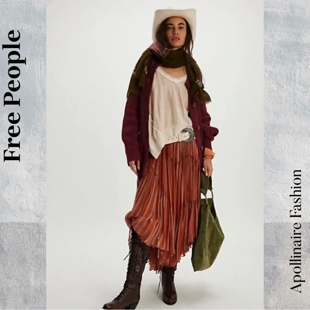 Free People Ember Terracotta Pleated Maxi Skirt Size SP New
